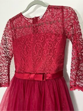 Red Lace & Tulle Party Dress with Bow Waist